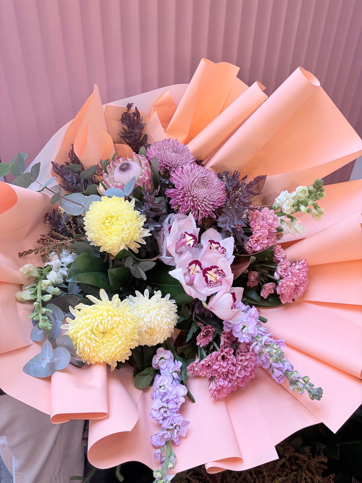 Boujee Babe bouquet of lilac, yellow chrysanthemums and pastels in pink wrap