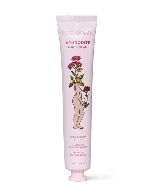 Aphrodite luxury hand cream tube with botanical illustration