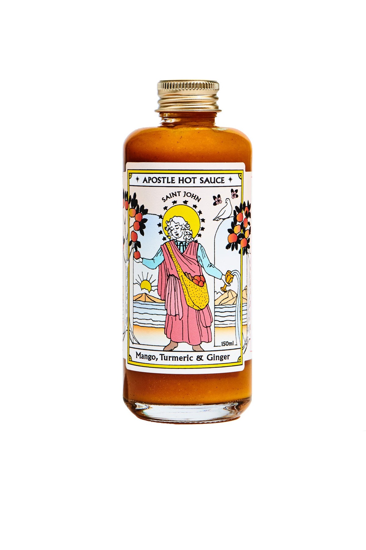 Apostle Mango Turmeric Ginger hot sauce bottle, NZ-made