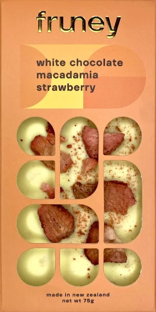 Fruney white chocolate macadamia and strawberry bar, NZ-made