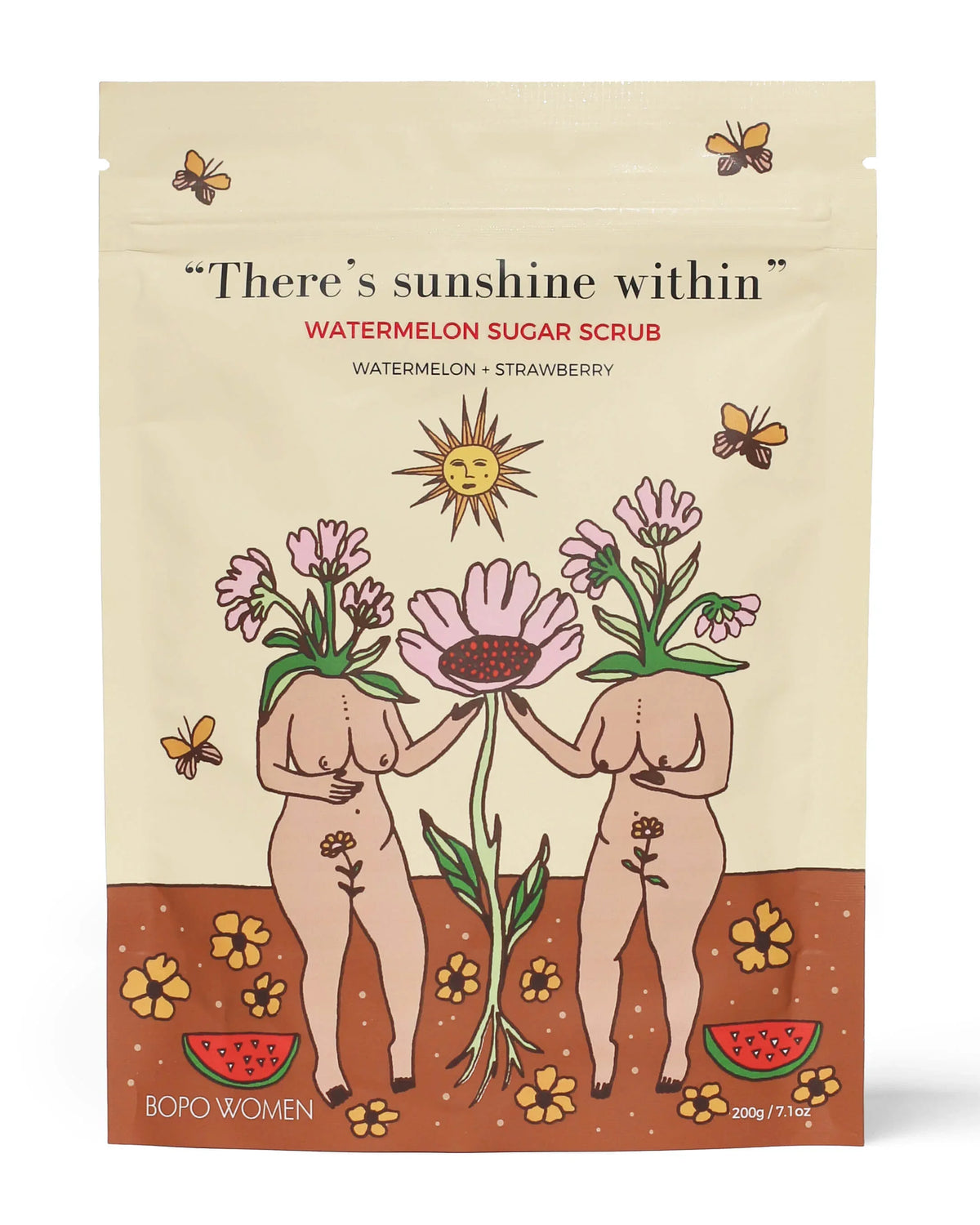 Watermelon sugar scrub pouch with illustrated floral design