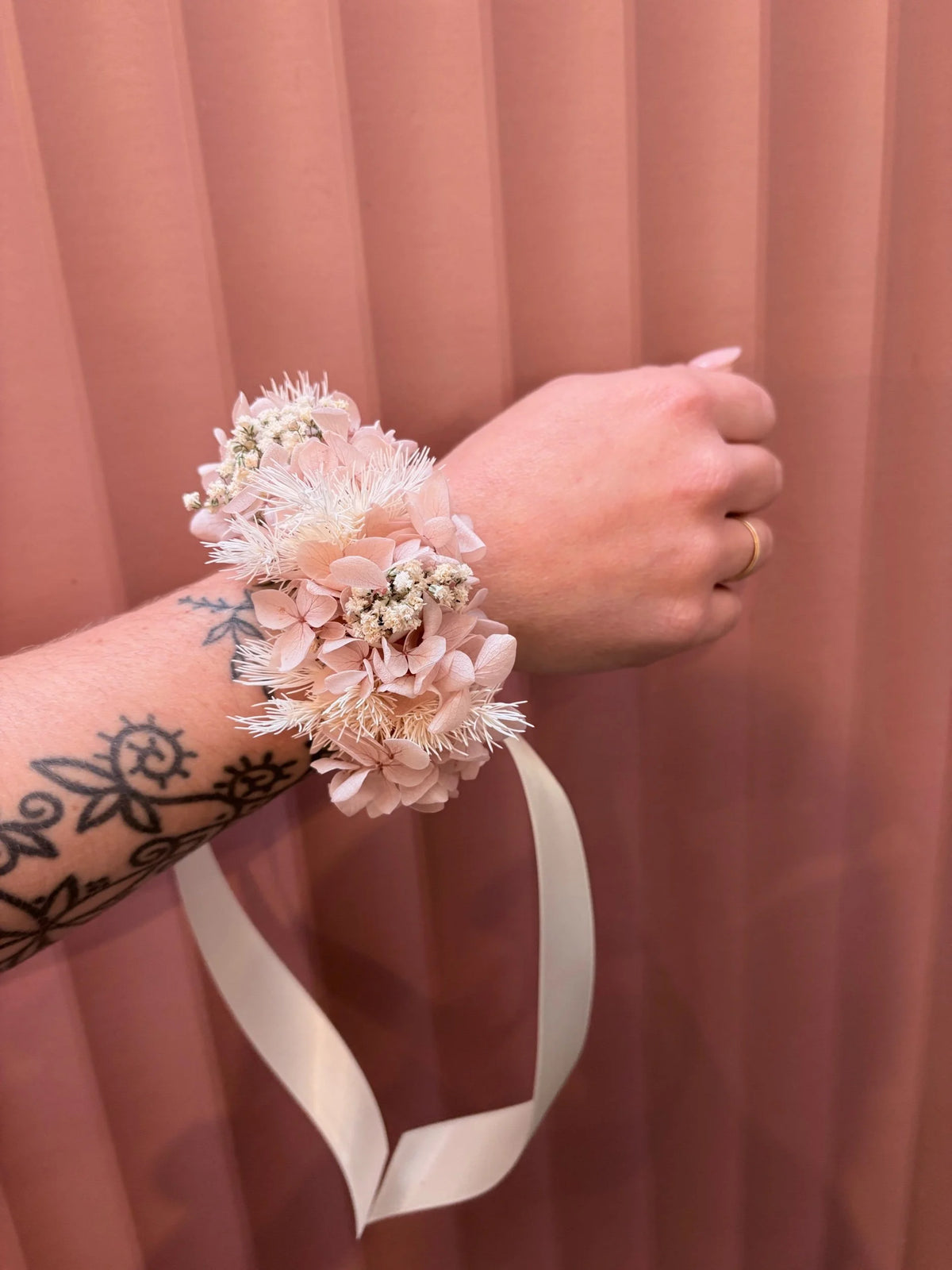 LUXE preserved blush flower wrist corsage with ribbon tie