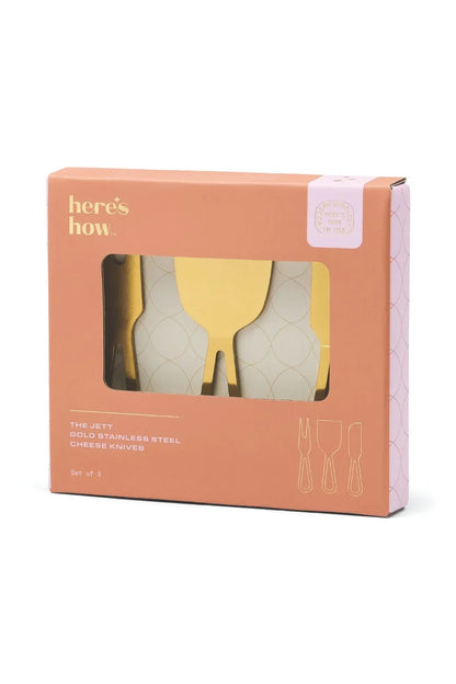 The Jett gold cheese knife set in its gift box