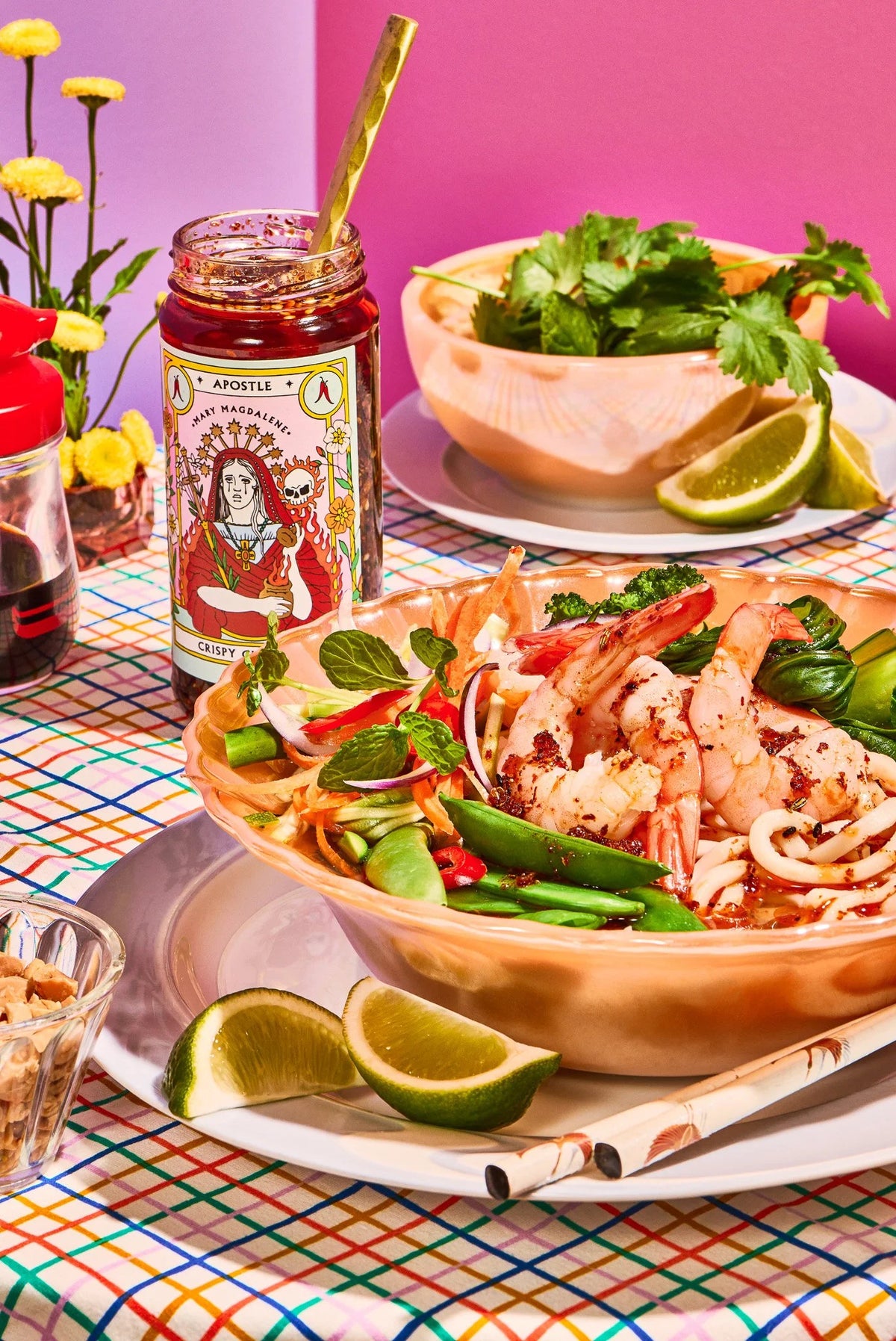 Apostle chilli oil served with a noodle bowl and fresh greens