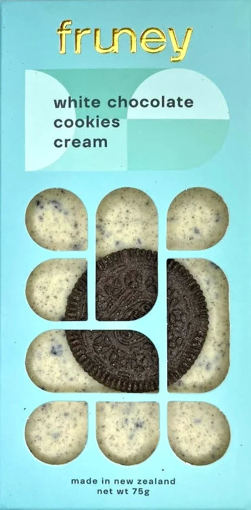 Fruney white chocolate cookies and cream bar, NZ-made
