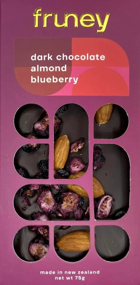 Fruney dark chocolate almond and blueberry bar, NZ-made