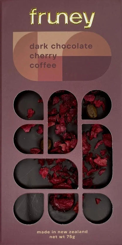 Fruney dark chocolate cherry and coffee bar, NZ-made