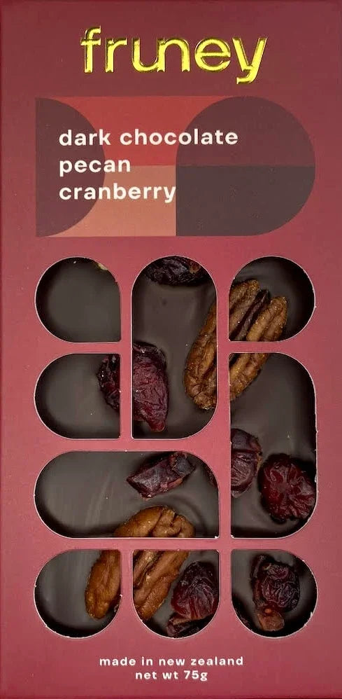 Fruney dark chocolate pecan and cranberry bar, NZ-made