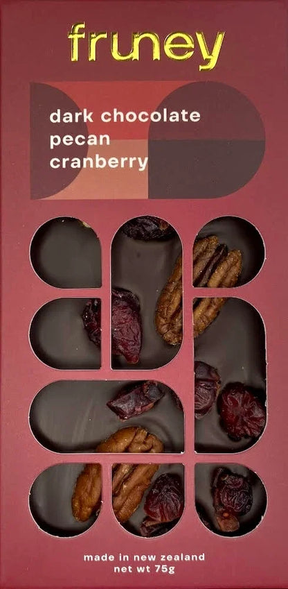 Fruney dark chocolate pecan and cranberry bar, NZ-made