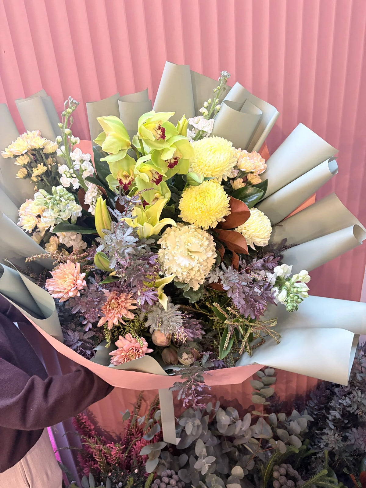 Boujee Babe pastel bouquet with yellow chrysanthemums in grey wrap
