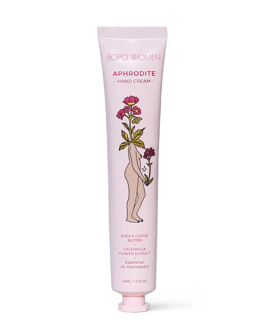 Aphrodite luxury hand cream tube with botanical illustration