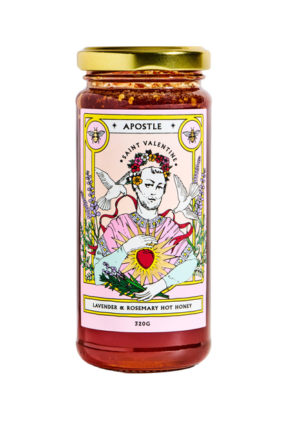 Apostle Saint Valentine lavender and rosemary hot honey jar