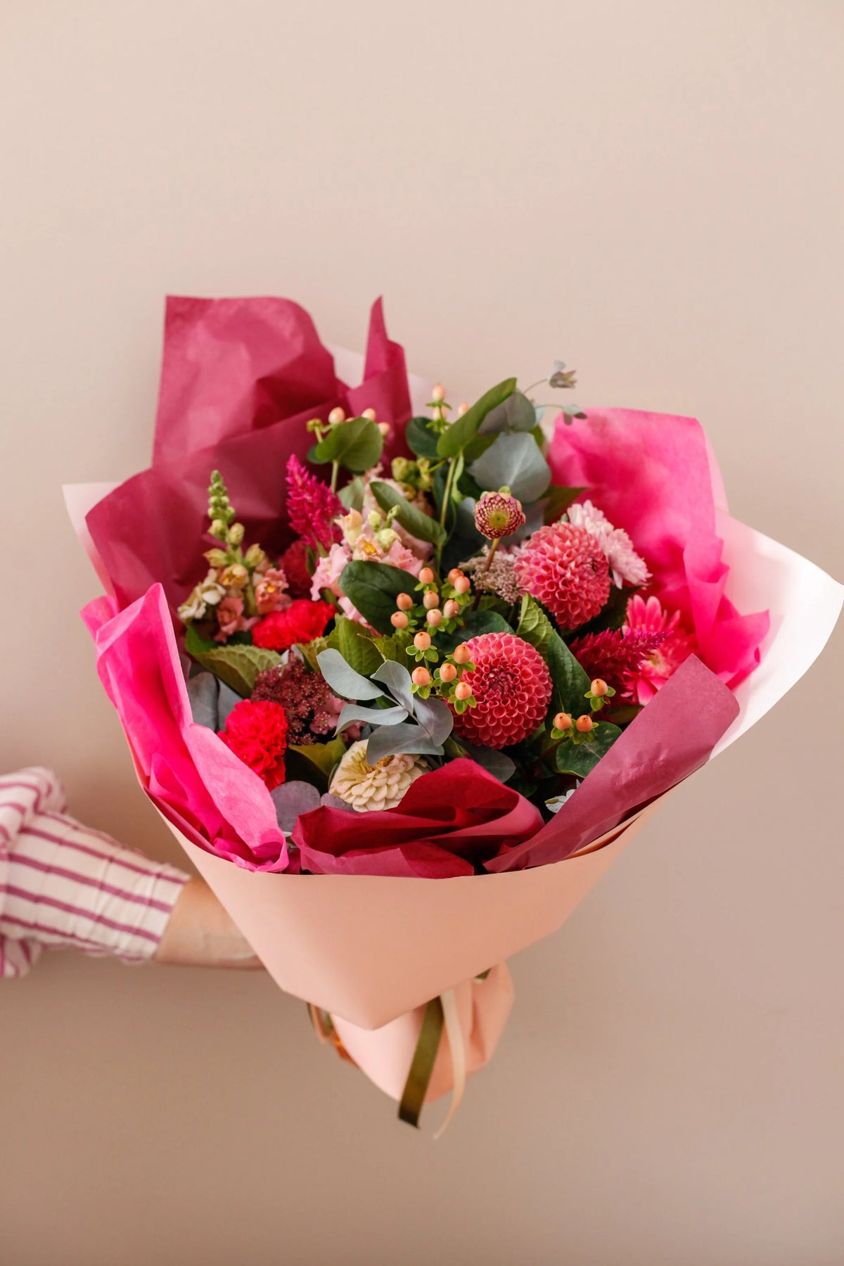 Red and pink rose bouquet with greenery, Pom Pom Florals Hastings