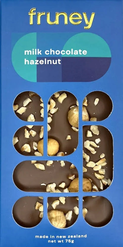 Fruney milk chocolate hazelnut bar, NZ-made