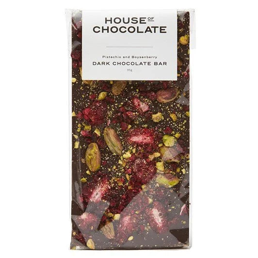 Pistachio and boysenberry dark chocolate bar by House of Chocolate