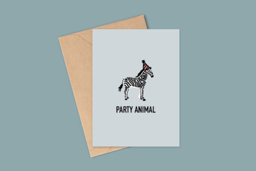 "Party Animal" zebra greeting card with kraft envelope