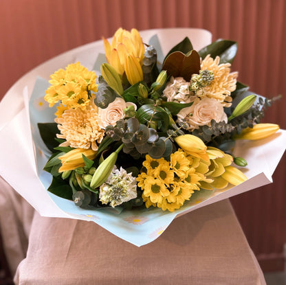 Sunny yellow bouquet of tulips, roses and native foliage, Pom Pom Florals