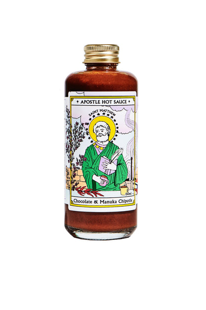Apostle Chocolate Manuka Chipotle hot sauce bottle, NZ-made