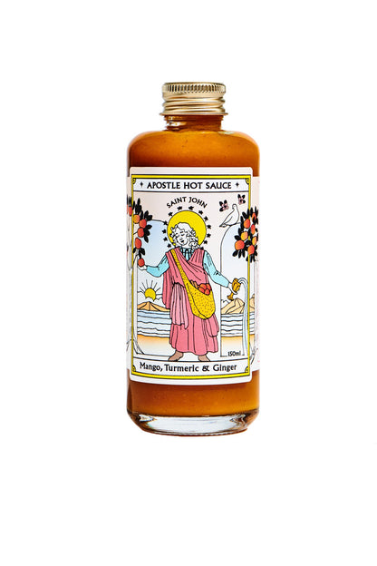 Apostle Mango Turmeric Ginger hot sauce bottle, NZ-made