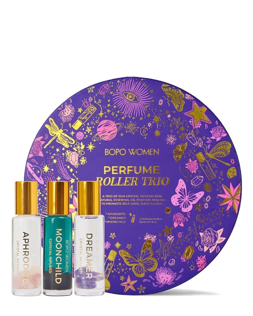 Perfume roller trio set in purple illustrated tin