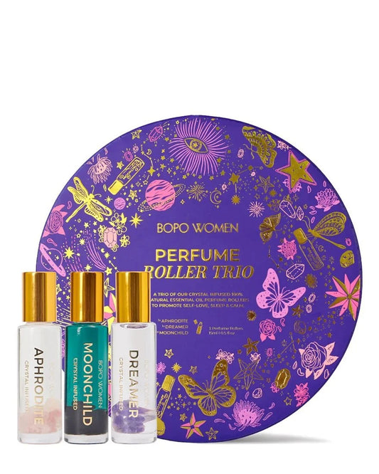 Perfume roller trio set in purple illustrated tin
