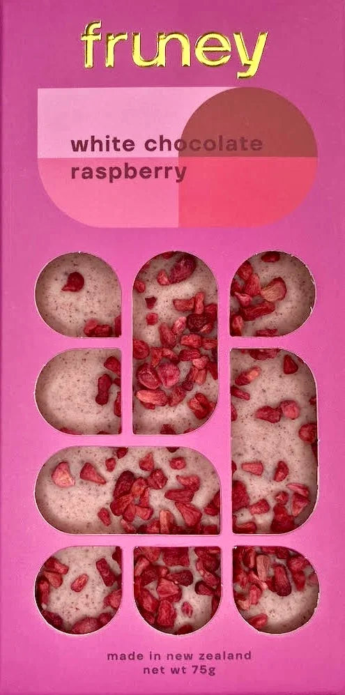 Fruney white chocolate raspberry bar, NZ-made