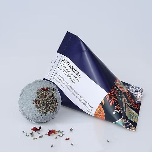 Botanical Skincare Midnight Garden bath bomb with lavender and packaging