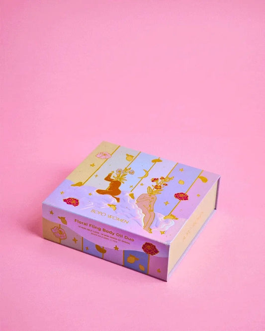 Floral Fling gift set box with floral illustration on pink