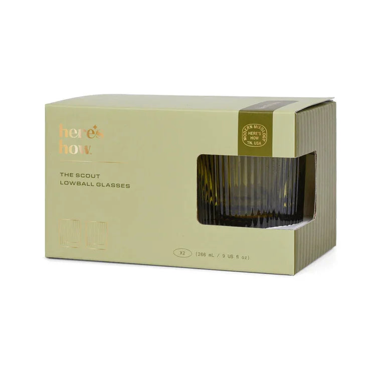 The Scout green lowball glasses set in gift box