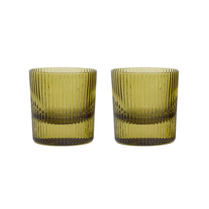 Pair of The Scout green ribbed lowball glasses