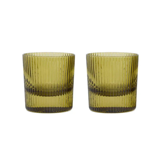 Pair of The Scout green ribbed lowball glasses