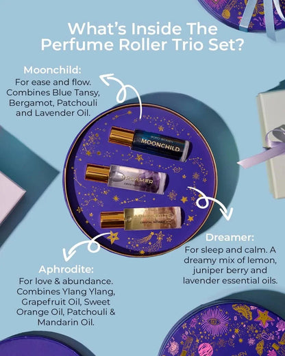 What's inside the perfume roller trio set, three scent rollers