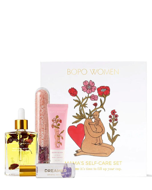 Mama's Self Care set items with illustrated gift box