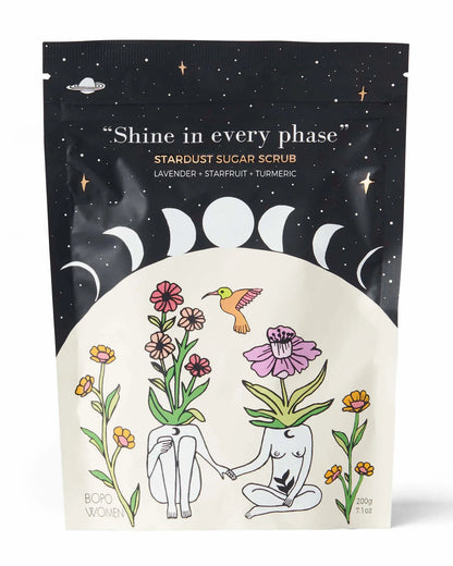 Stardust sugar scrub pouch with celestial floral design