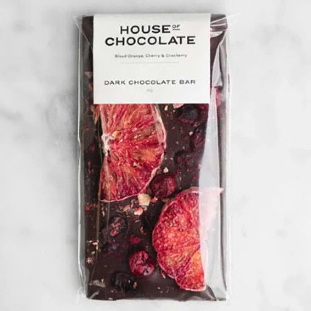 House of Chocolate blood orange, cherry and cranberry dark chocolate bar