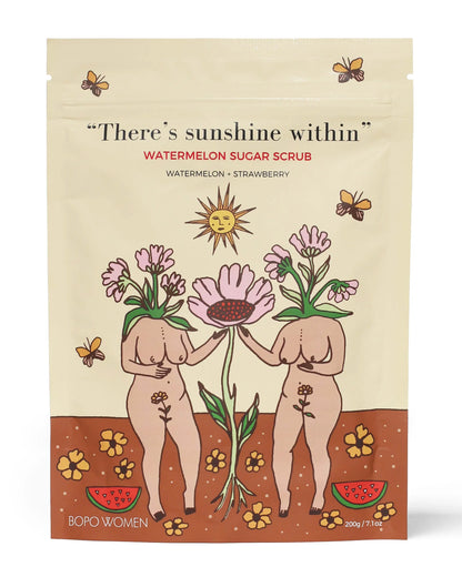 Watermelon sugar scrub pouch with illustrated floral design