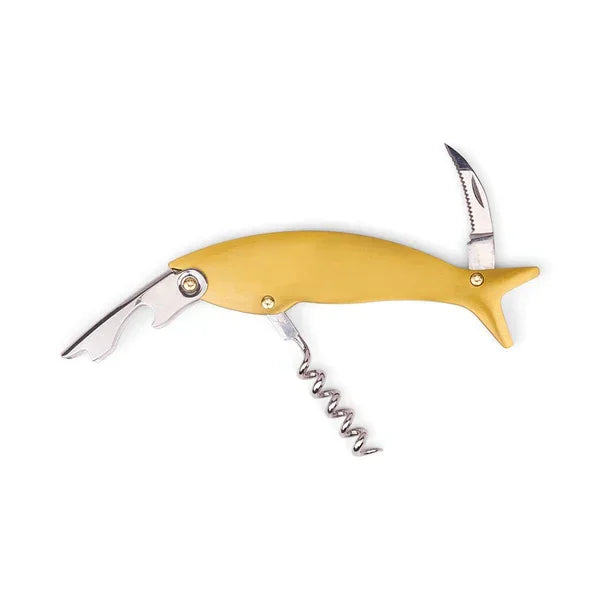 Maple fish-shaped bottle opener and corkscrew in yellow